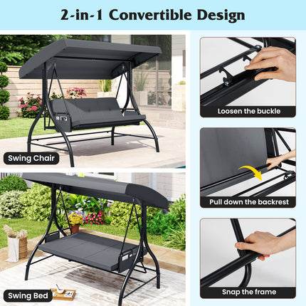 3-Piece Patio Swing with Canopy Removable Cushions and Side Pockets-Gray
