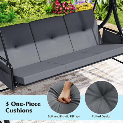 3-Piece Patio Swing with Canopy Removable Cushions and Side Pockets-Gray
