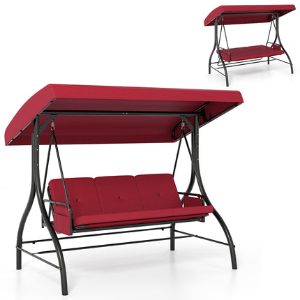 3-Piece Patio Swing with Canopy Removable Cushions and Side Pockets-Burgundy