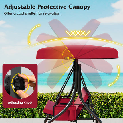 3-Piece Patio Swing with Canopy Removable Cushions and Side Pockets-Burgundy