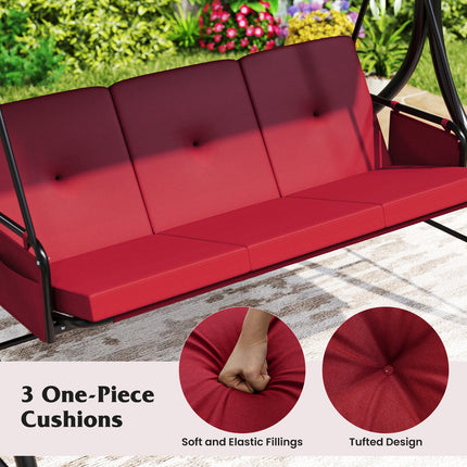 3-Piece Patio Swing with Canopy Removable Cushions and Side Pockets-Burgundy