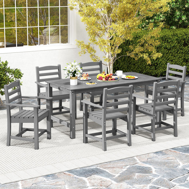 HDPE Outdoor Dining Table for 6 Person with Wood-Like Tabletop and Umbrella Hole-Gray