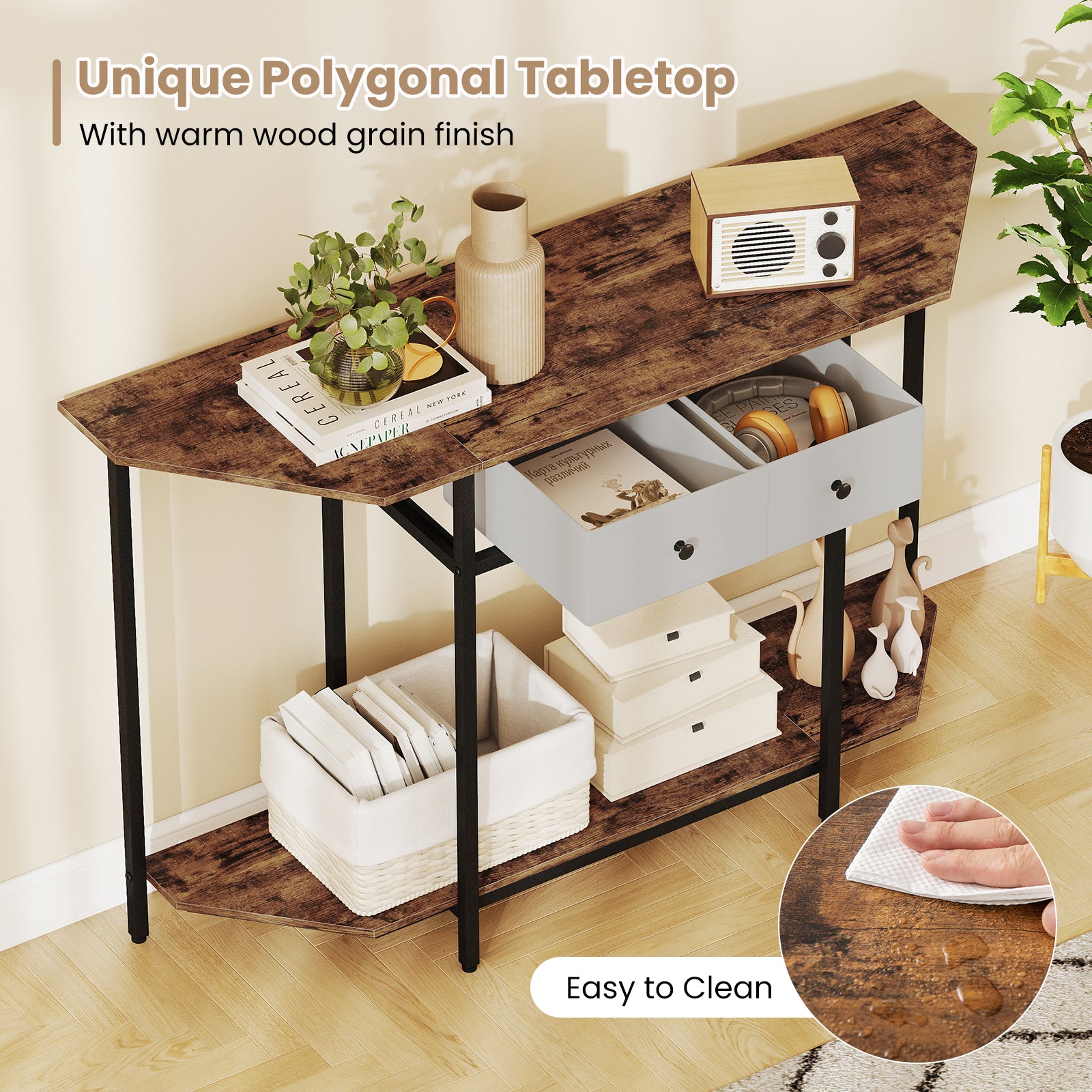Console Table with 2 Drawers and Open Storage Shelf-Rustic Brown