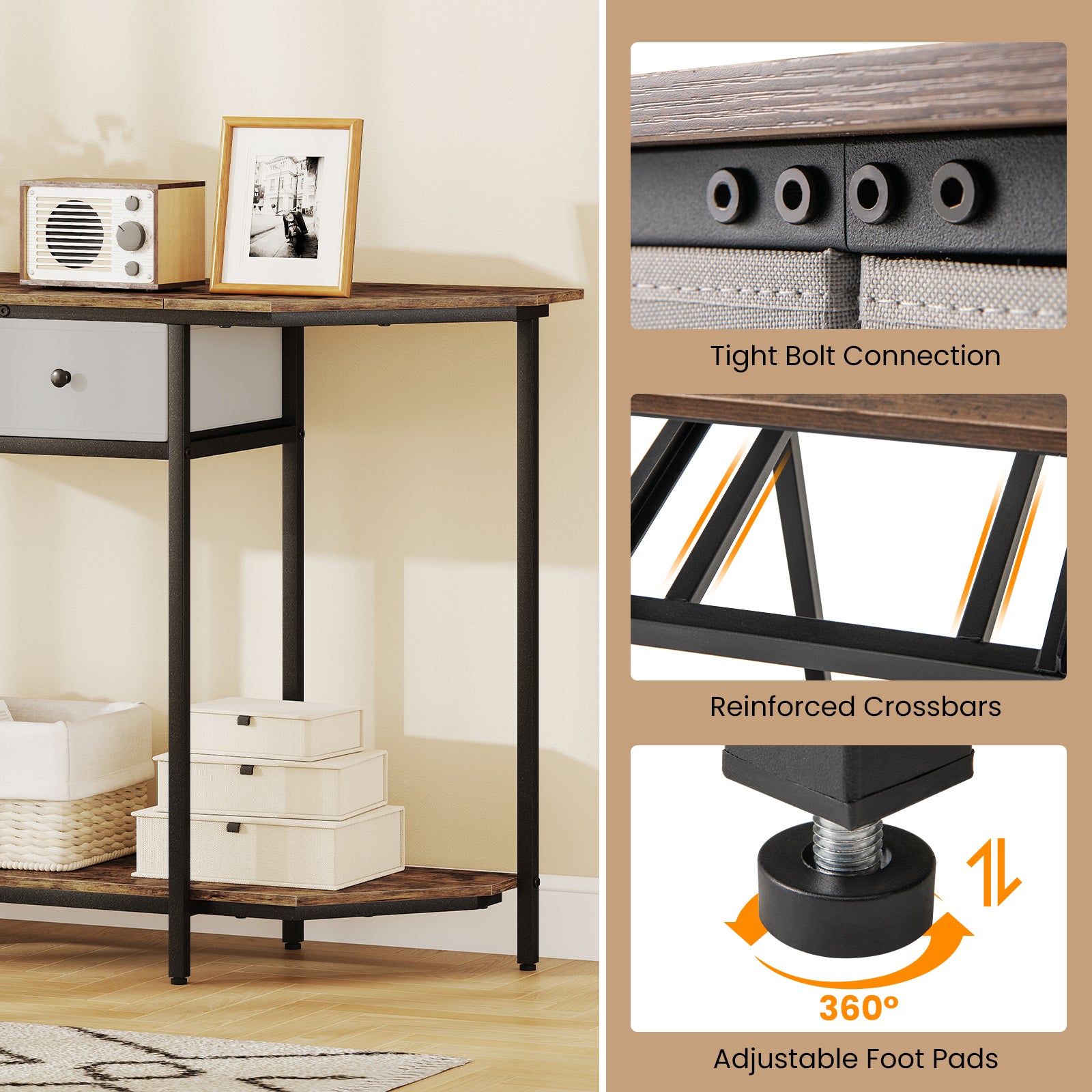 Console Table with 2 Drawers and Open Storage Shelf-Rustic Brown