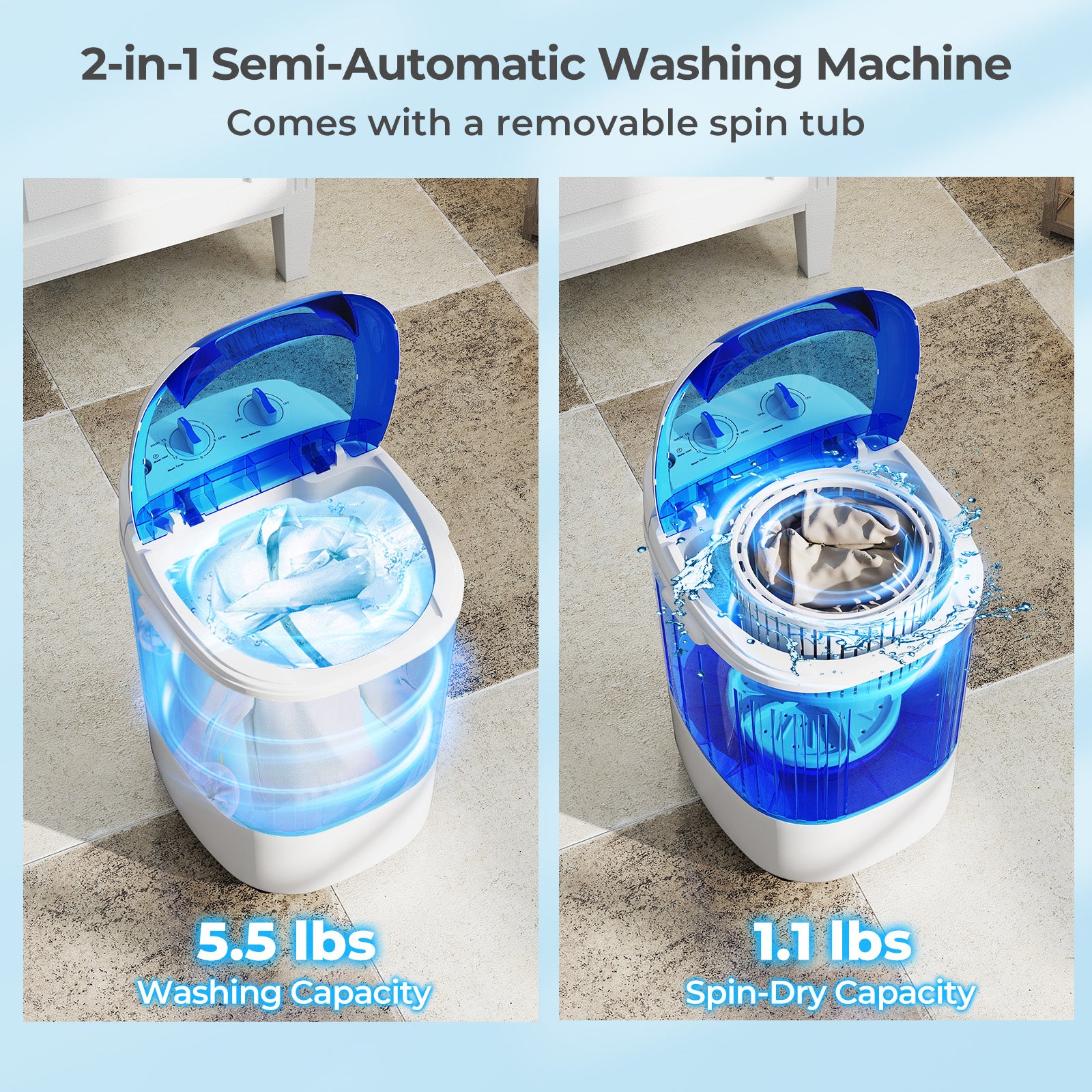 Portable Mini Semi-automatic Washing Machine with Spin Tub and Drain Hose 2.5 kg Capacity-Blue
