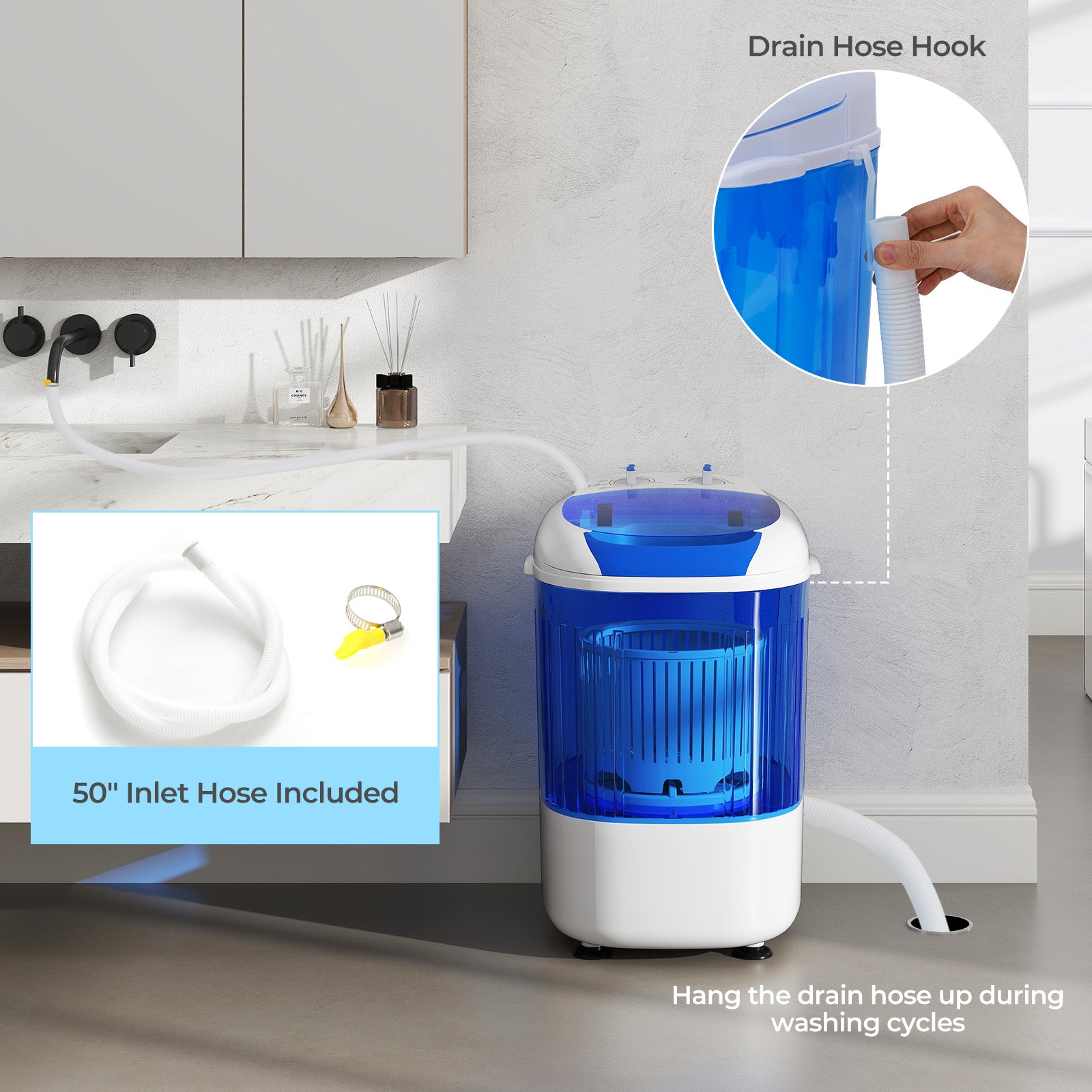 Portable Mini Semi-automatic Washing Machine with Spin Tub and Drain Hose 2.5 kg Capacity-Blue