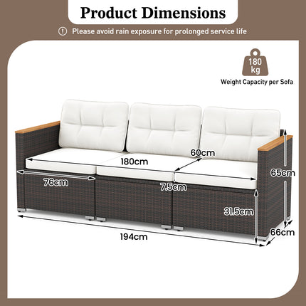 3-Seat Patio Couch Sofa with Deep Seating and Cushion-White