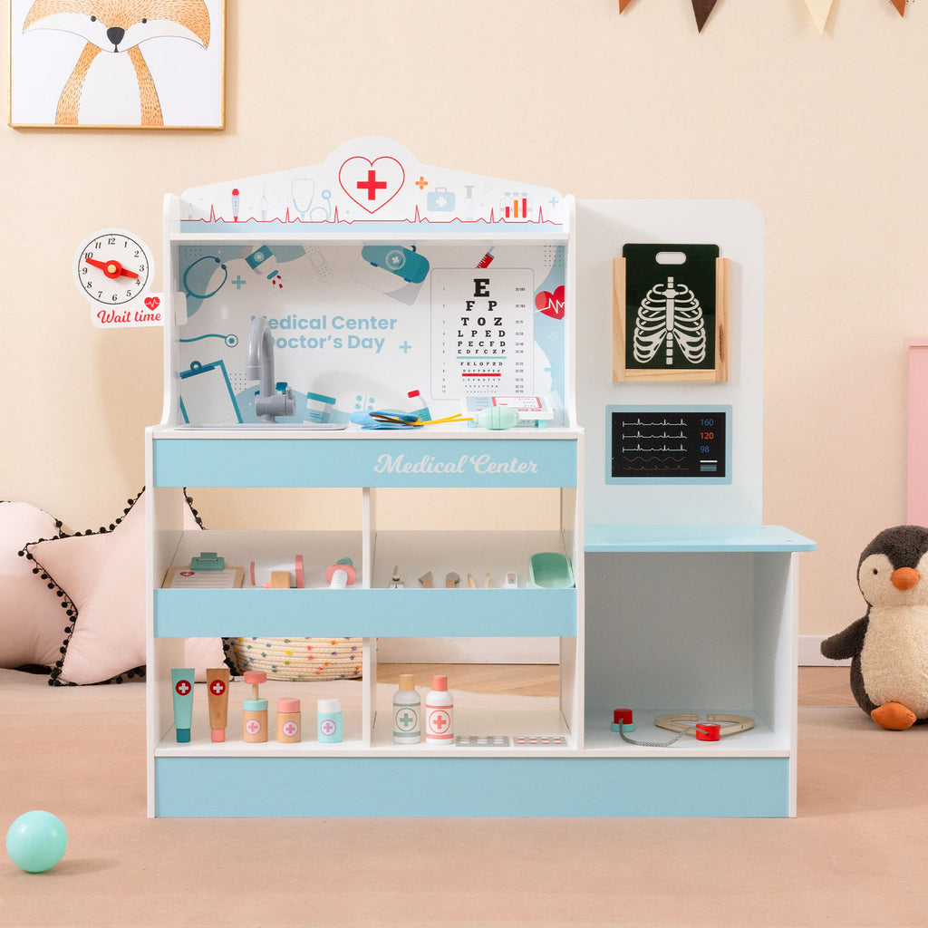 Wooden Doctor Playset with Stethoscope for Toddlers over 3 Years Old-Blue