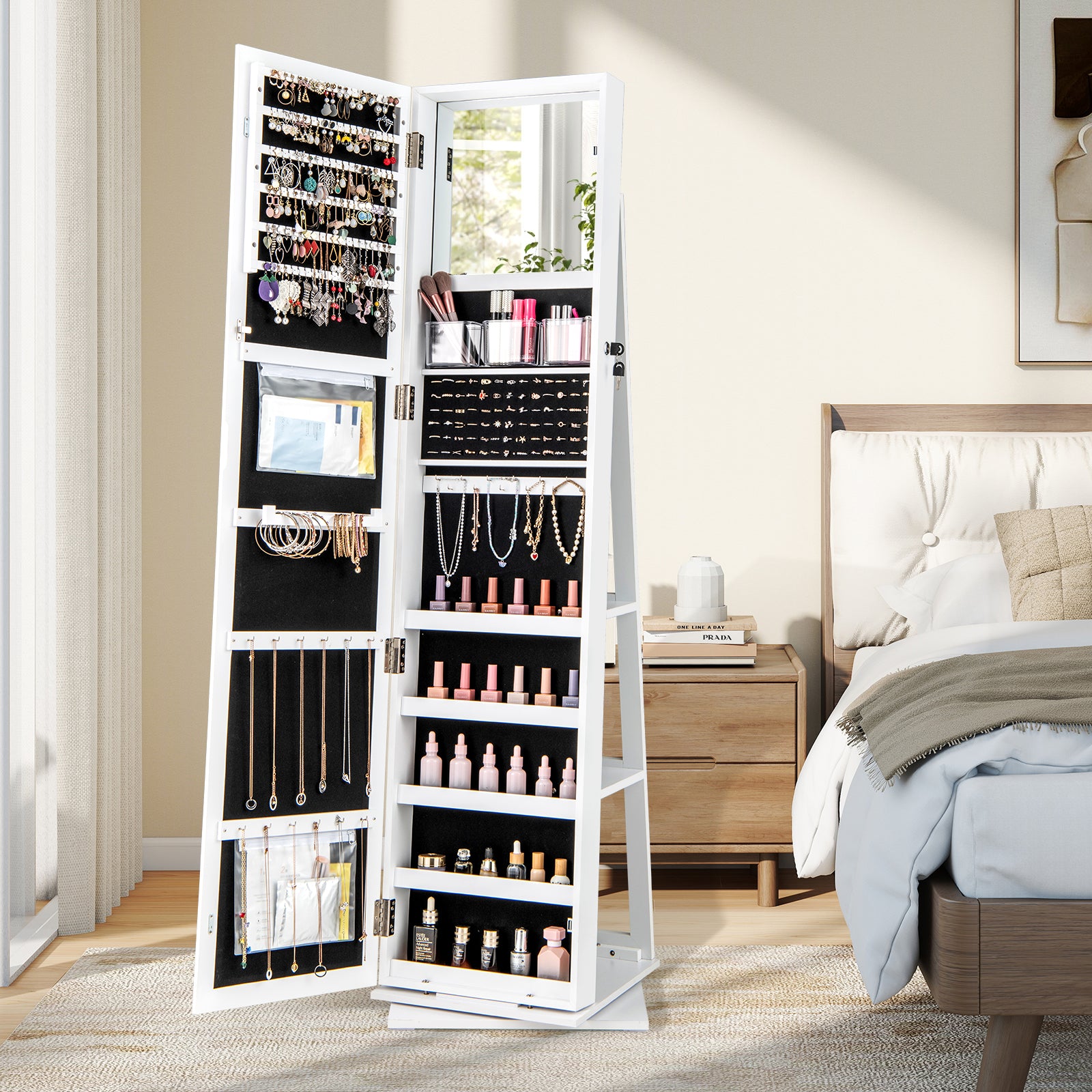 360° Swivel Jewelry Armoire Standing Jewelry Organizer with Full Length Mirror and Back Shelves-White