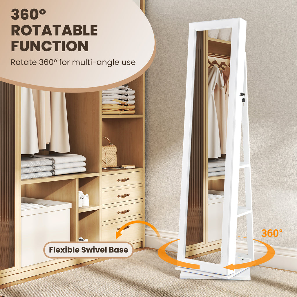 360° Swivel Jewelry Armoire Standing Jewelry Organizer with Full Length Mirror and Back Shelves-White