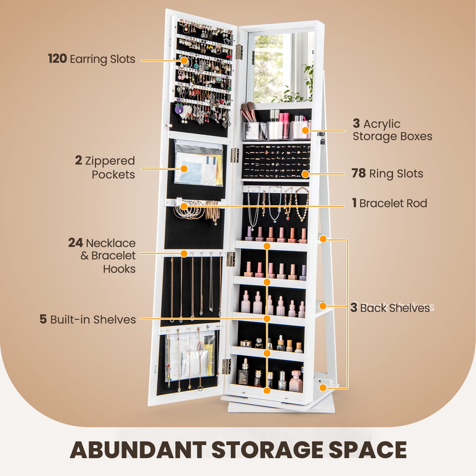 360° Swivel Jewelry Armoire Standing Jewelry Organizer with Full Length Mirror and Back Shelves-White