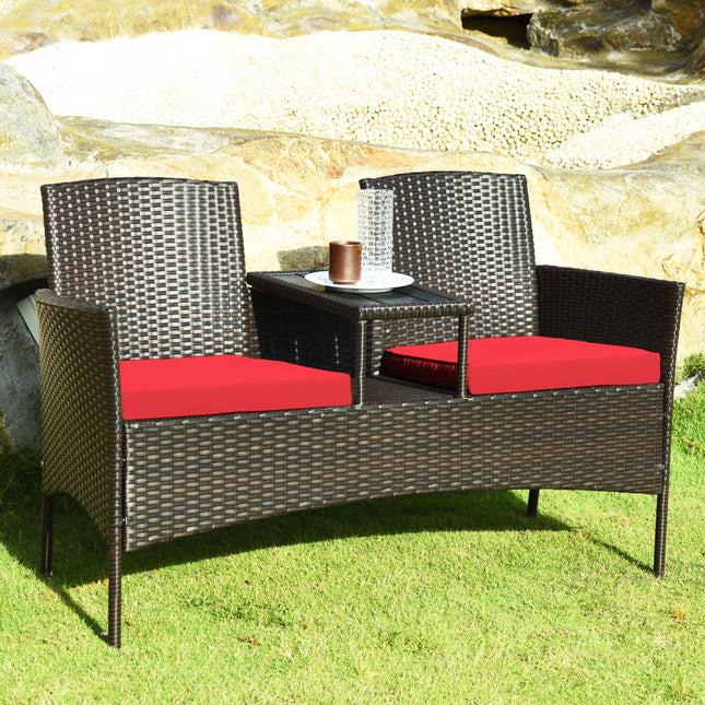 Wicker Patio Conversation Furniture Set with Removable Cushions and Table-Red
