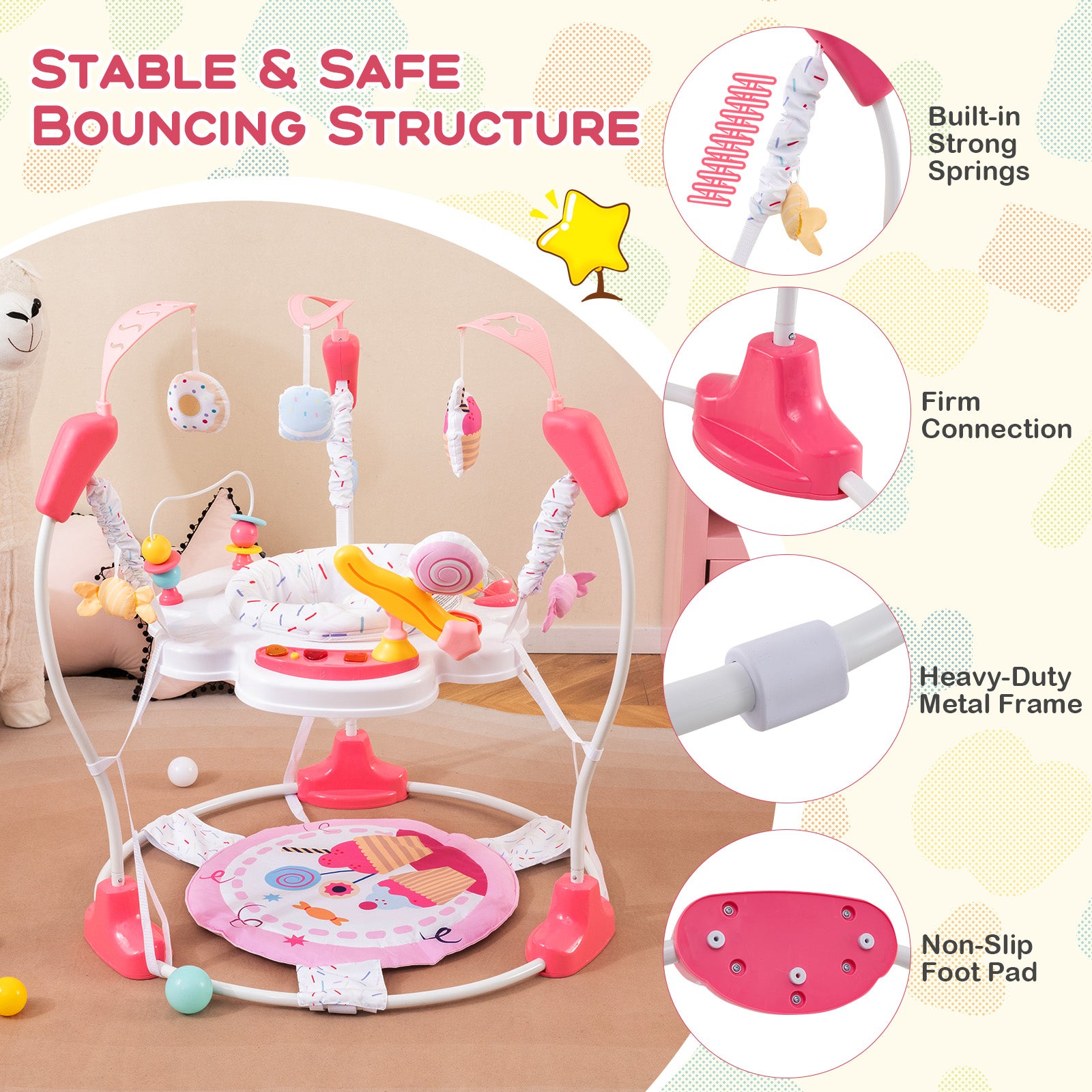 Baby Activity Center Height Adjustable Baby Bouncing Saucer with Interactive Toys-Pink