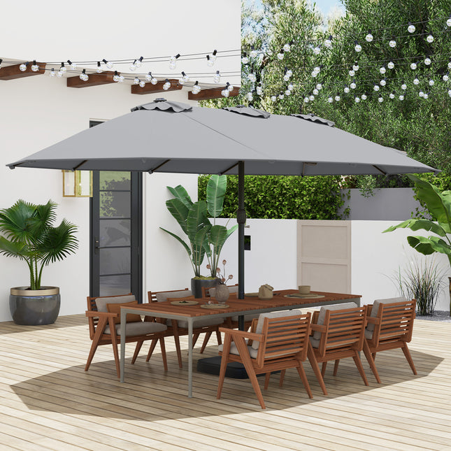 15 Feet Double-Sided Twin Patio Umbrella with Crank and Base Coffee in Outdoor Market-Gray