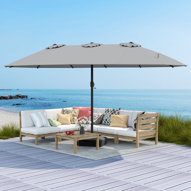 15 Feet Double-Sided Twin Patio Umbrella with Crank and Base Coffee in Outdoor Market-Gray