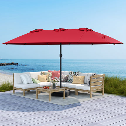 15 Feet Double-Sided Twin Patio Umbrella with Crank and Base Coffee in Outdoor Market-Wine