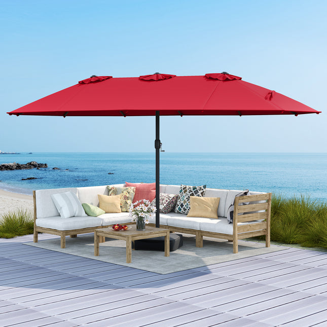 15 Feet Double-Sided Twin Patio Umbrella with Crank and Base Coffee in Outdoor Market-Wine