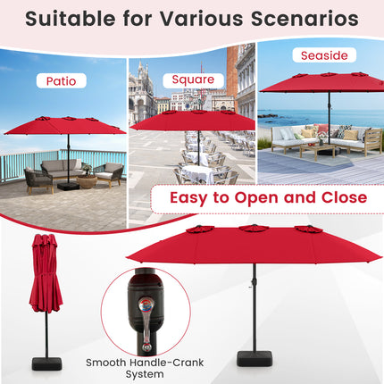 15 Feet Double-Sided Twin Patio Umbrella with Crank and Base Coffee in Outdoor Market-Wine