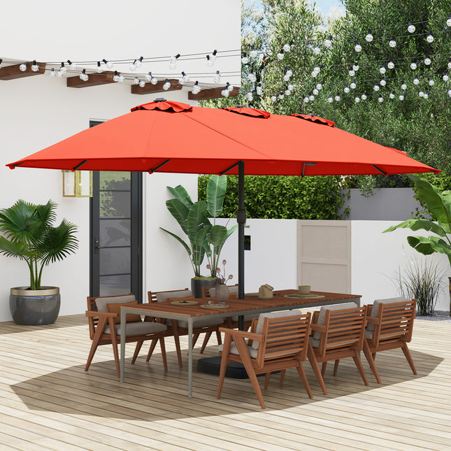 15 Feet Double-Sided Twin Patio Umbrella with Crank and Base Coffee in Outdoor Market-Orange