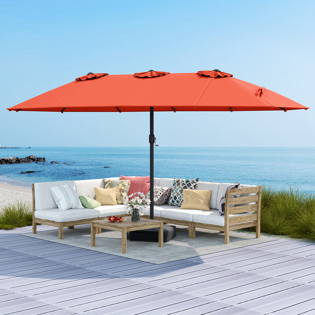15 Feet Double-Sided Twin Patio Umbrella with Crank and Base Coffee in Outdoor Market-Orange