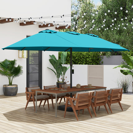 15 Feet Double-Sided Twin Patio Umbrella with Crank and Base Coffee in Outdoor Market-Turquoise
