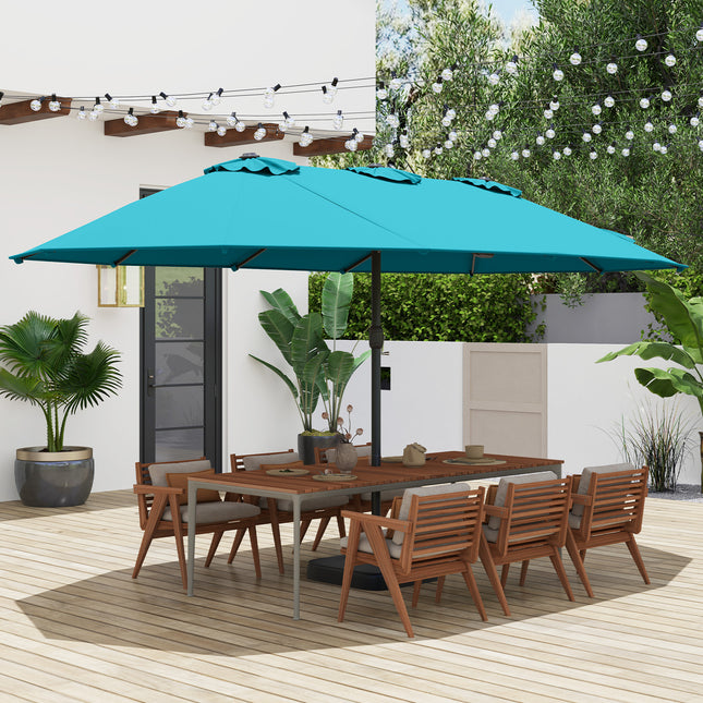 15 Feet Double-Sided Twin Patio Umbrella with Crank and Base Coffee in Outdoor Market-Turquoise