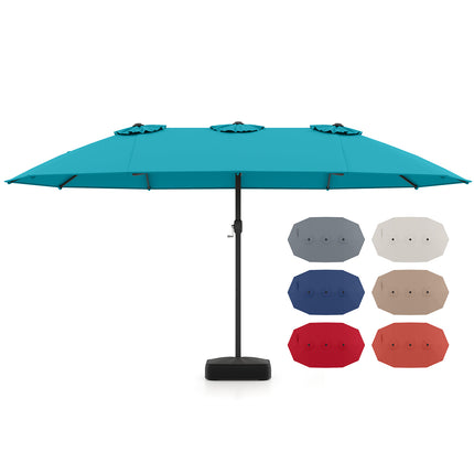15 Feet Double-Sided Twin Patio Umbrella with Crank and Base Coffee in Outdoor Market-Turquoise