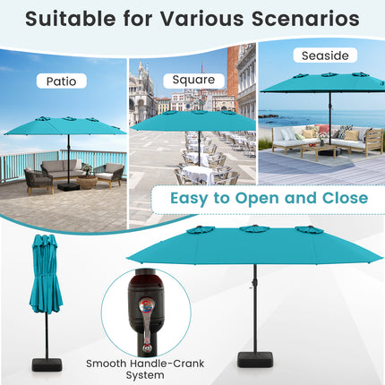 15 Feet Double-Sided Twin Patio Umbrella with Crank and Base Coffee in Outdoor Market-Turquoise