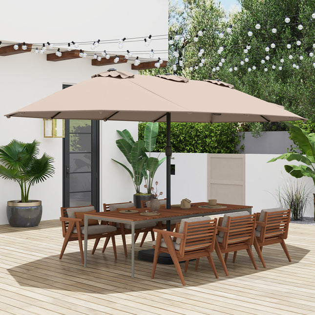 15 Feet Double-Sided Twin Patio Umbrella with Crank and Base Coffee in Outdoor Market-Coffee
