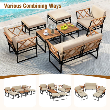 7 Piece Outdoor Conversation Set with Cushions and Bungee Rope Seat-Beige
