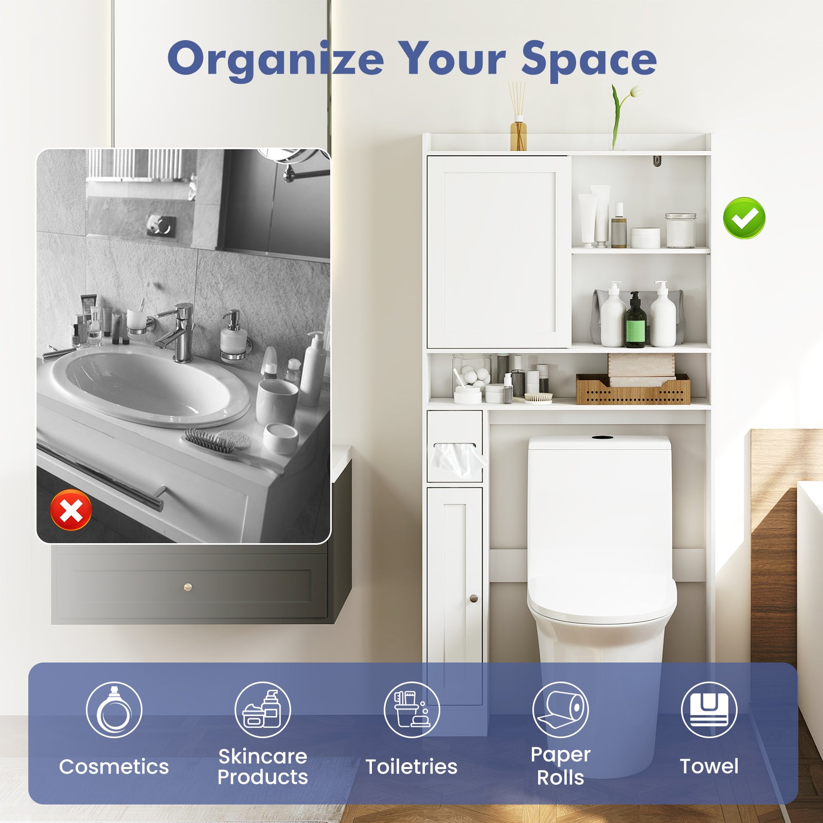 Over-the-Toilet Storage Cabinet Standing Toilet Rack with Sliding Door-White