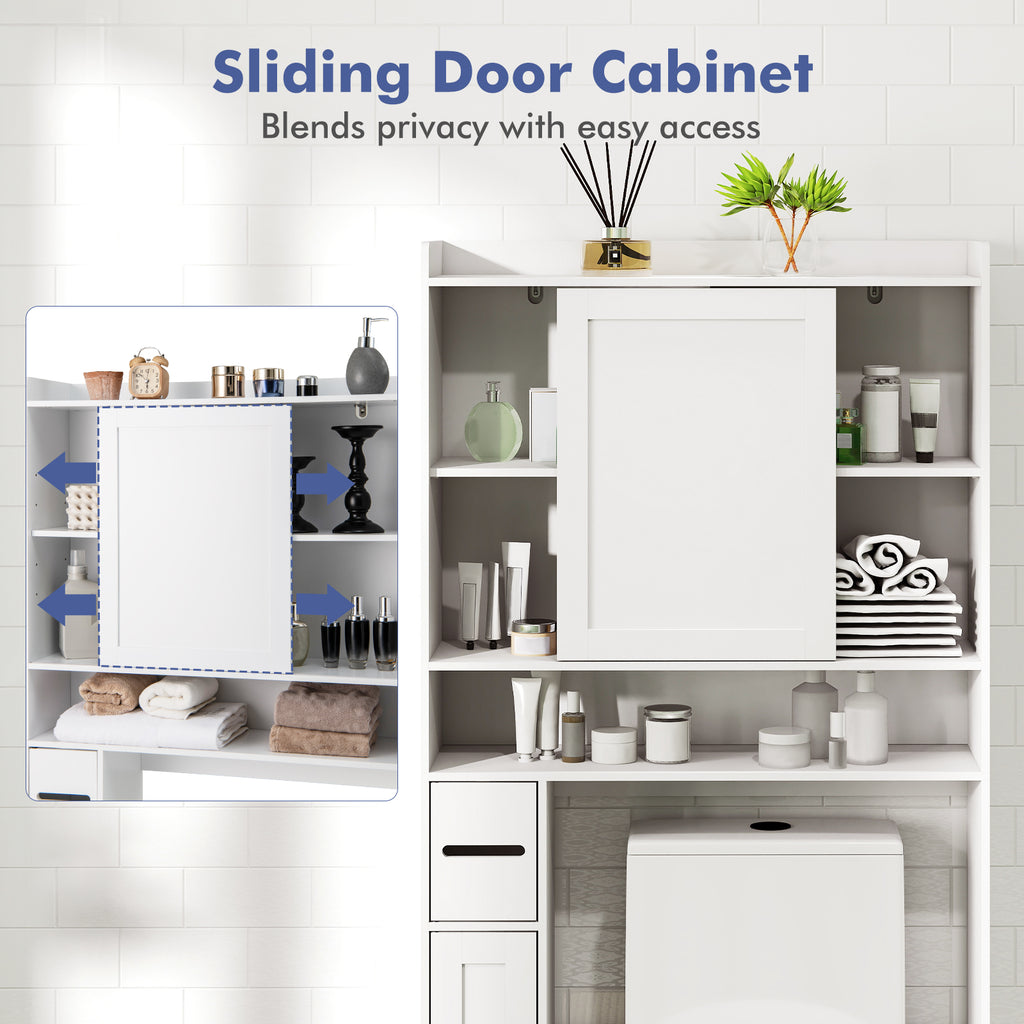 Over-the-Toilet Storage Cabinet Standing Toilet Rack with Sliding Door-White