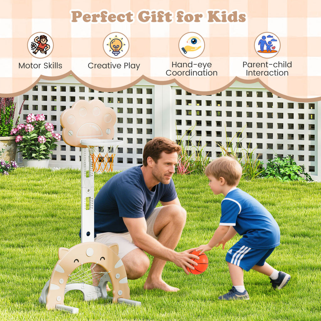 3 in 1 Kids Basketball Hoop with Basketball and Foldable Rim-Beige