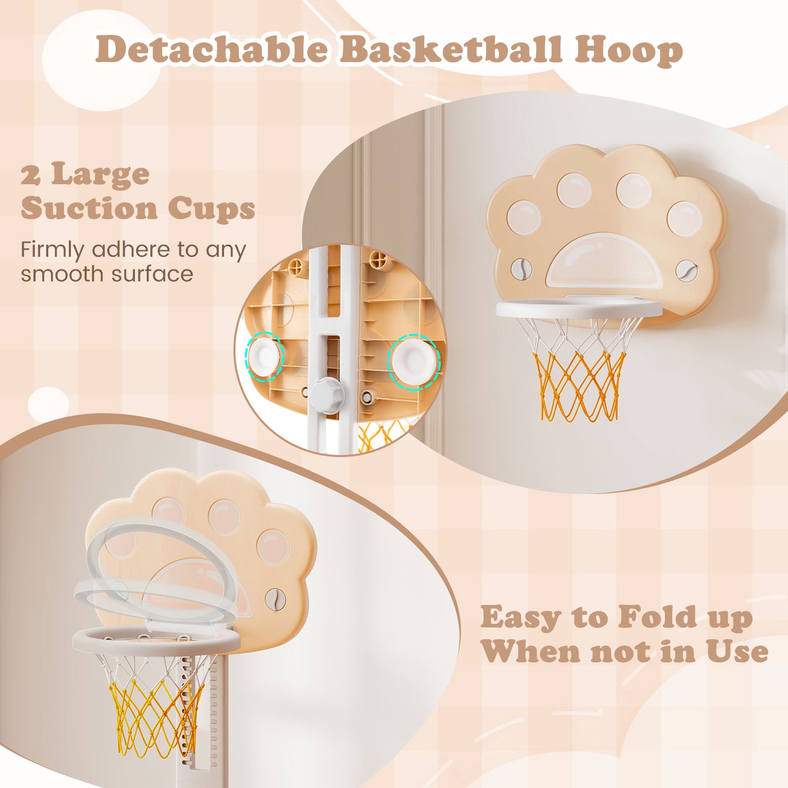 3 in 1 Kids Basketball Hoop with Basketball and Foldable Rim-Beige