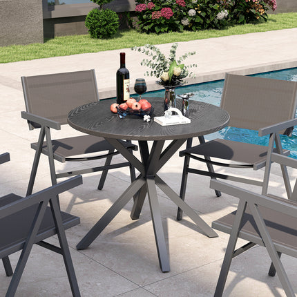 33.5 Inch Round Patio Bistro Table with Wood-Like Top and X-Shaped Legs-Gray