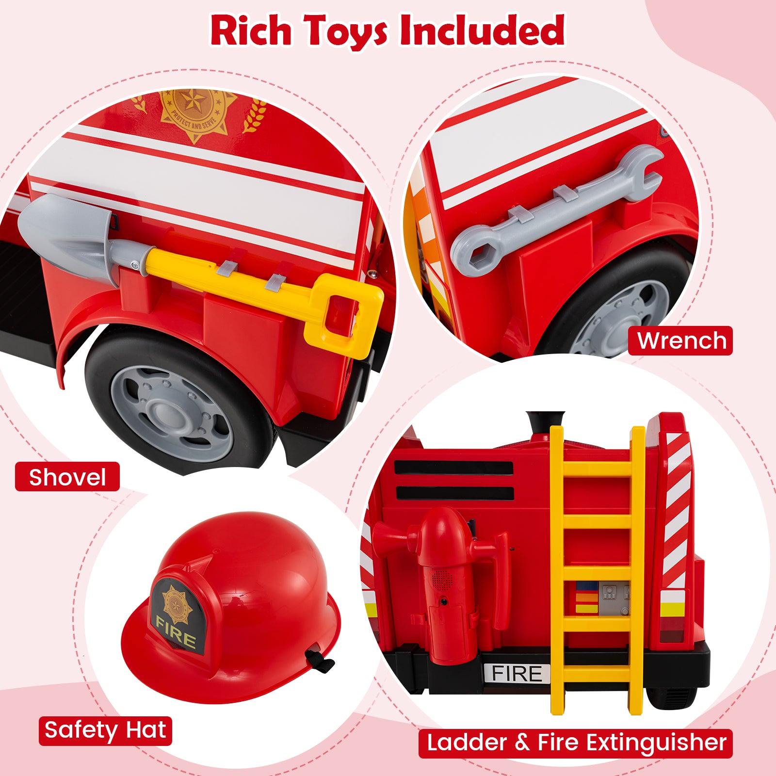 12V Toddler Fire Toy Car with Shovel and Wrench for Ages 37-95 Months-Red