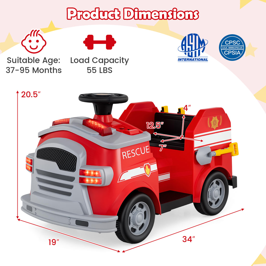 12V Toddler Fire Toy Car with Shovel and Wrench for Ages 37-95 Months-Red