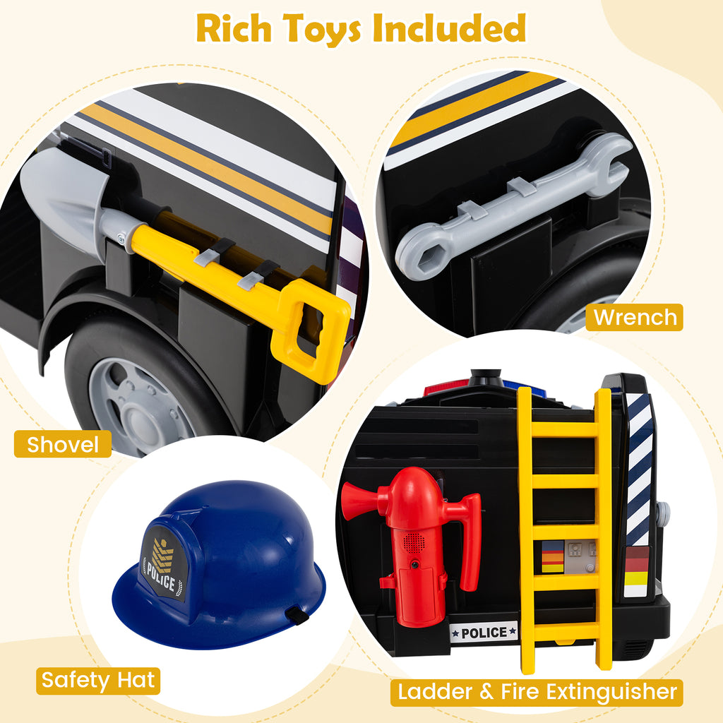 12V Toddler Fire Toy Car with Shovel and Wrench for Ages 37-95 Months-Black