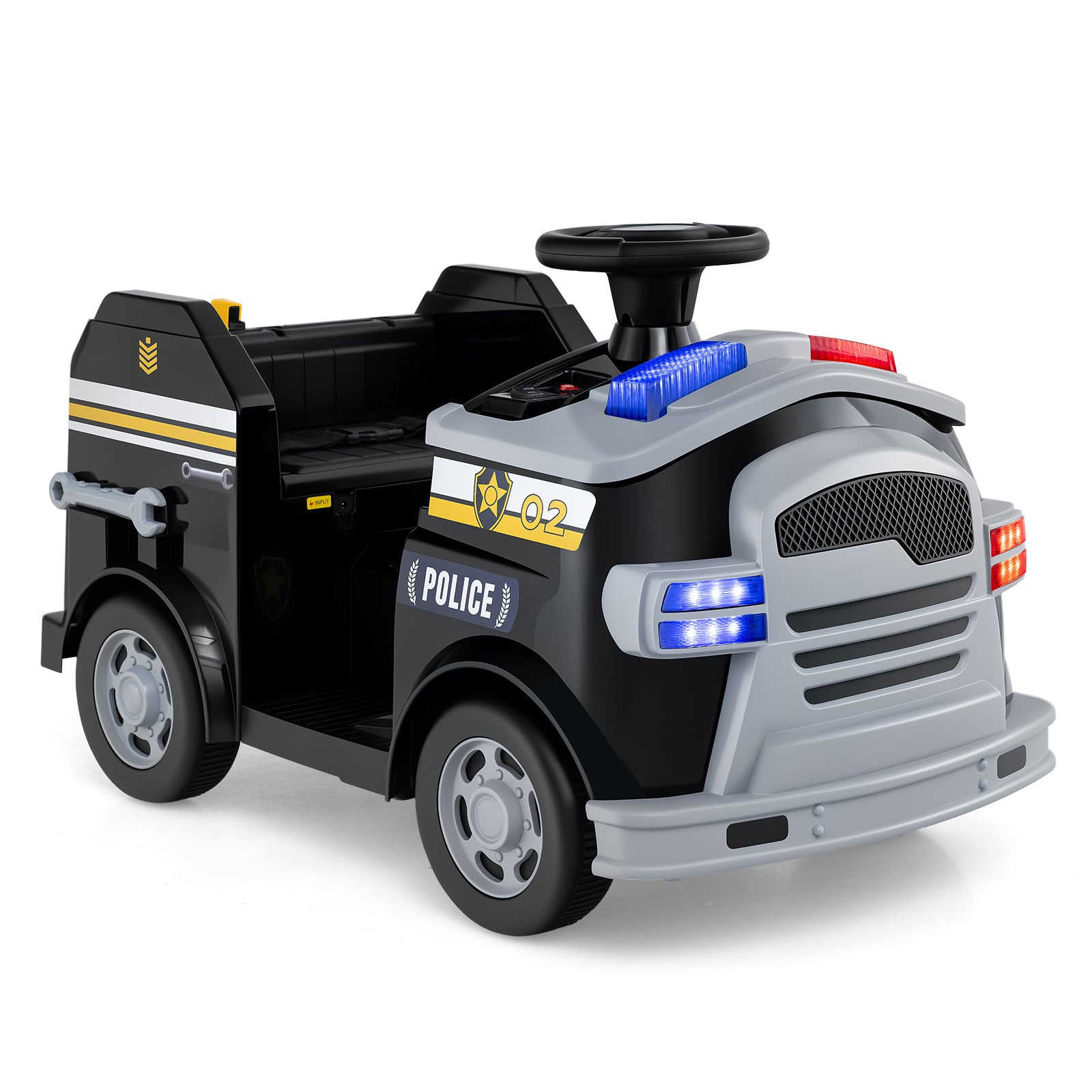 12V Toddler Fire Toy Car with Shovel and Wrench for Ages 37-95 Months-Black