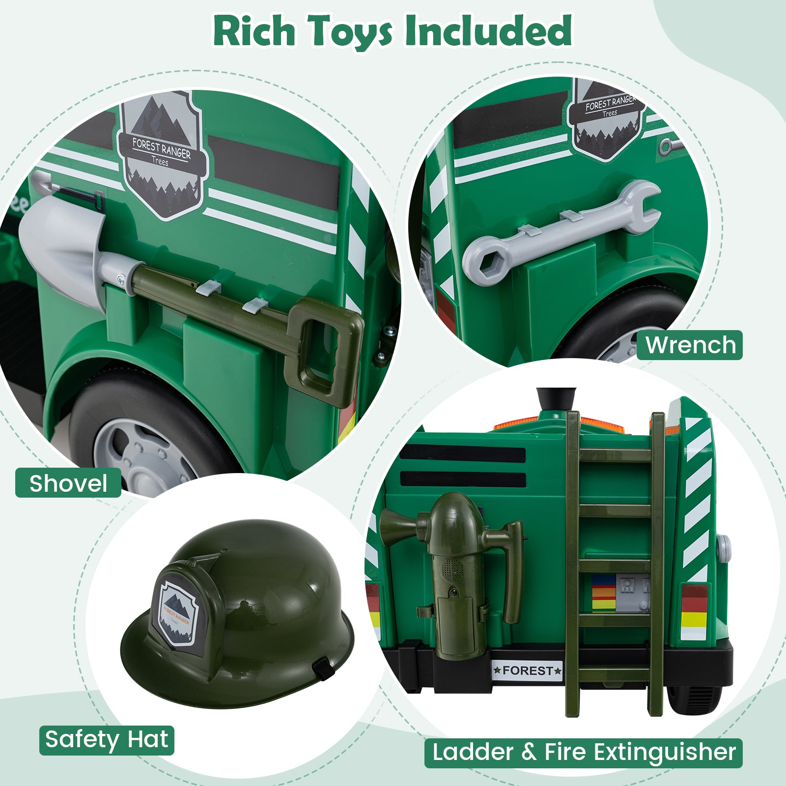 12V Toddler Fire Toy Car with Shovel and Wrench for Ages 37-95 Months-Green