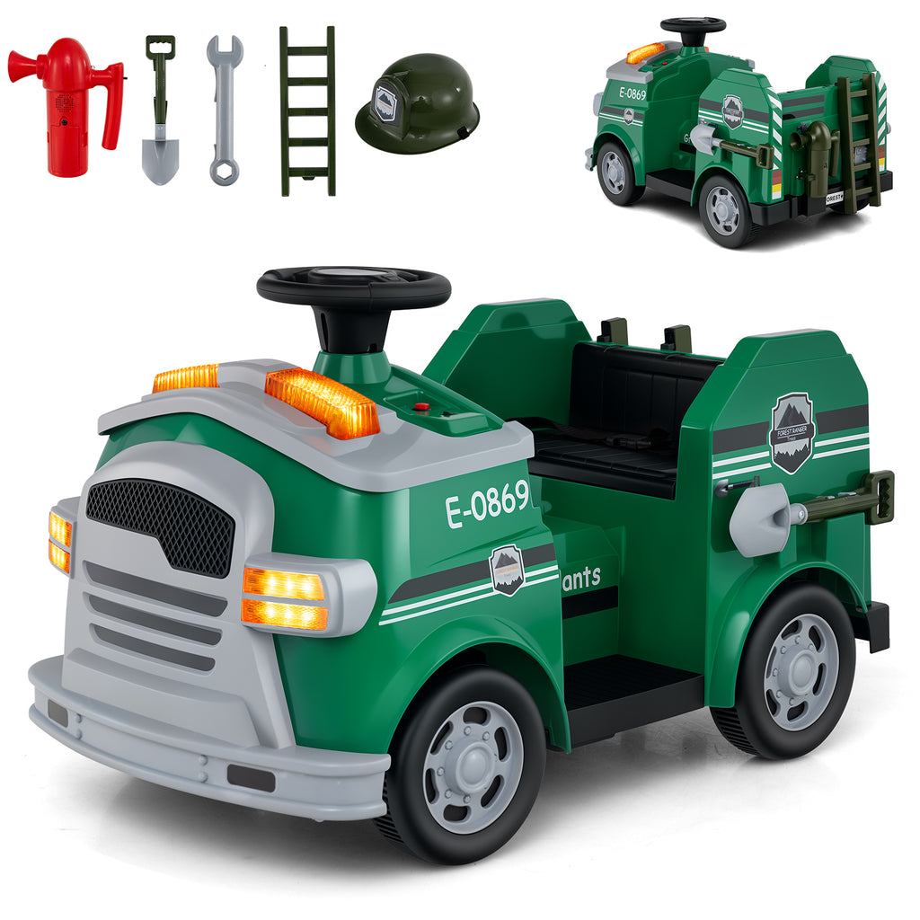 12V Toddler Fire Toy Car with Shovel and Wrench for Ages 37-95 Months-Green