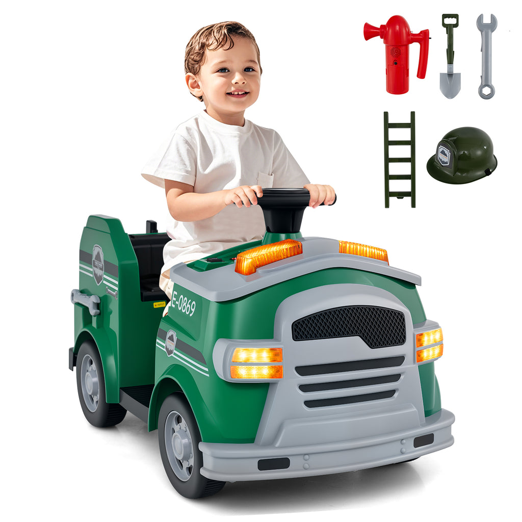 12V Toddler Fire Toy Car with Shovel and Wrench for Ages 37-95 Months-Green