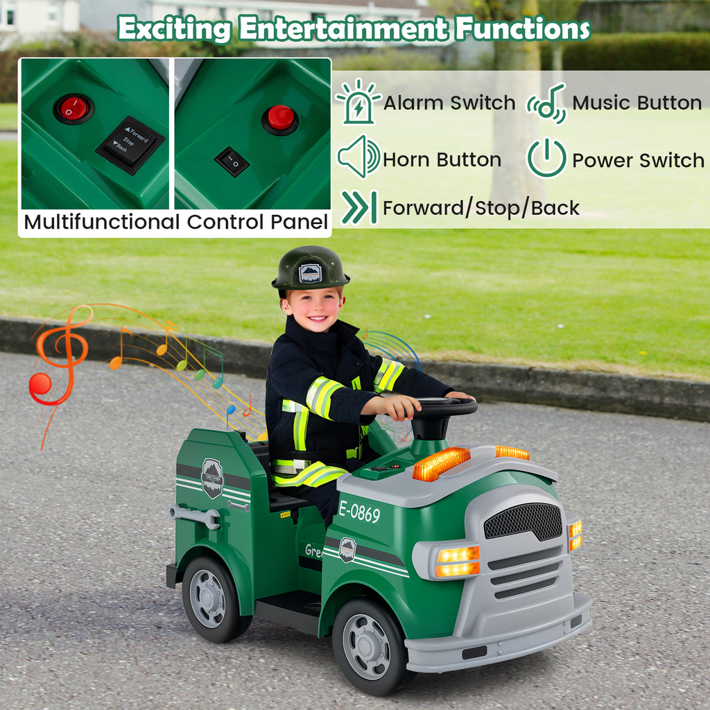 12V Toddler Fire Toy Car with Shovel and Wrench for Ages 37-95 Months-Green