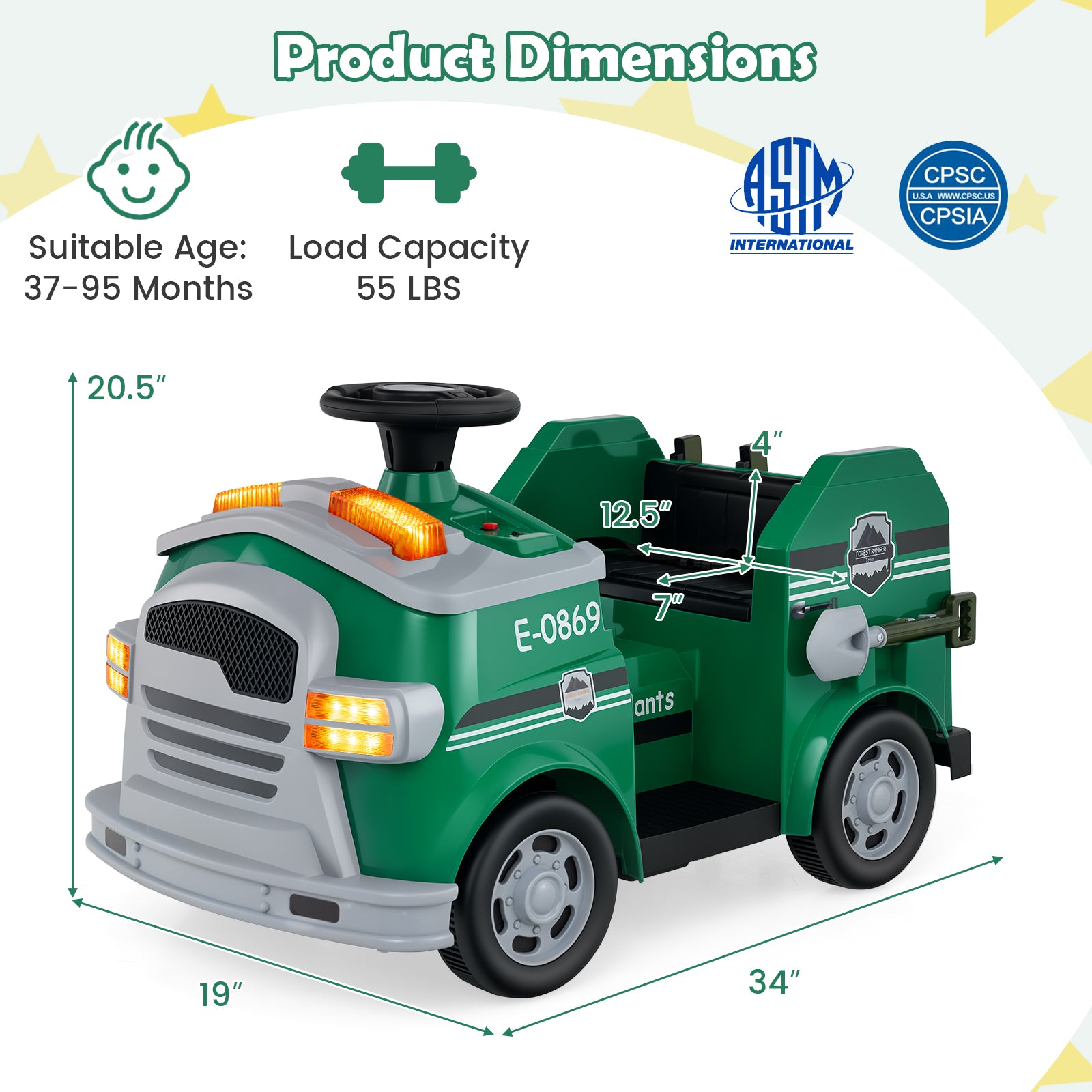 12V Toddler Fire Toy Car with Shovel and Wrench for Ages 37-95 Months-Green