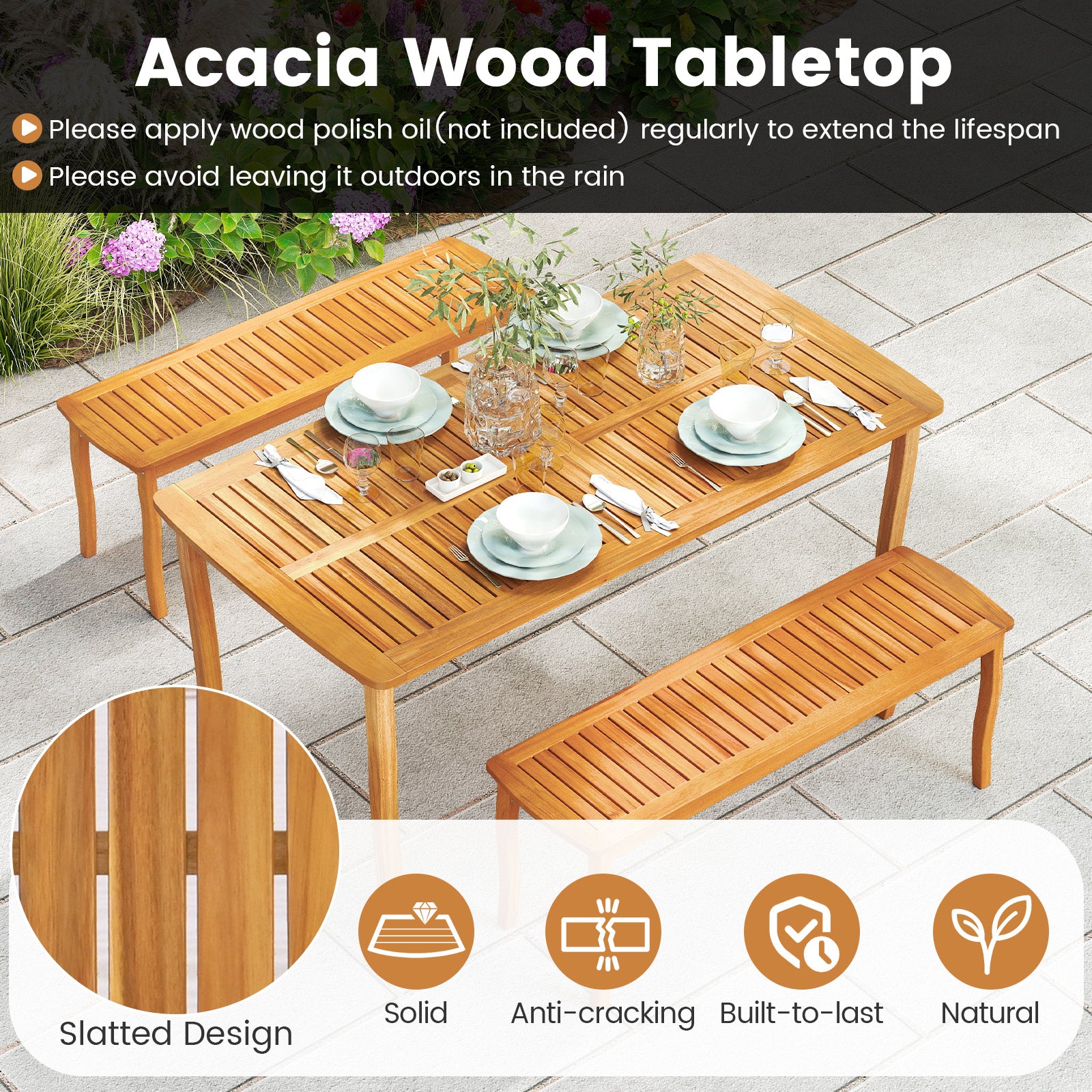 63 inch Outdoor Dining Table with Umbrella Hole Farmhouse Bistro Dinette Furniture