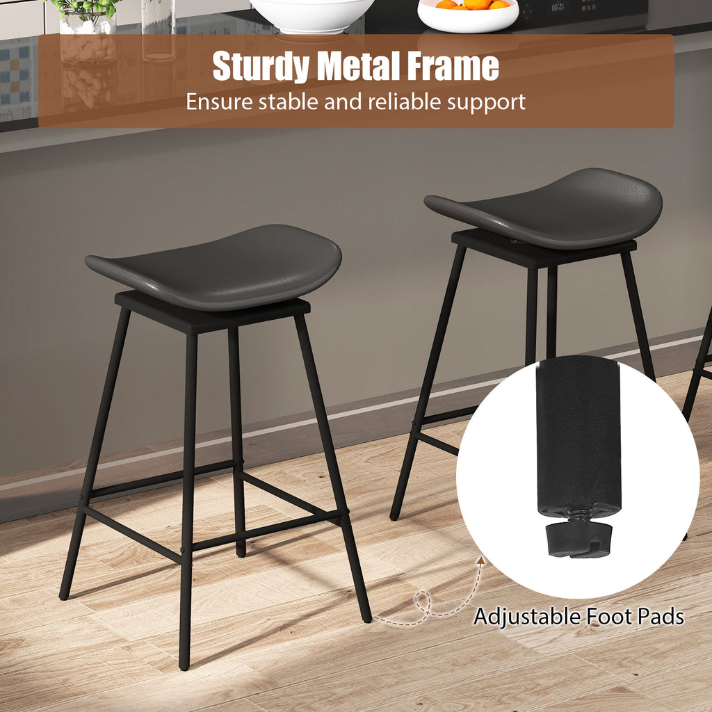 Set of 2 Swivel Barstools Faux Leather Upholstered Backless with Footrest-Black
