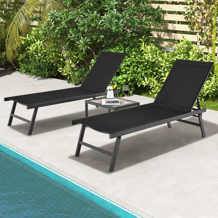 3 Pieces Patio Chaise Lounge Chair and Table Set for Poolside Yard-Black