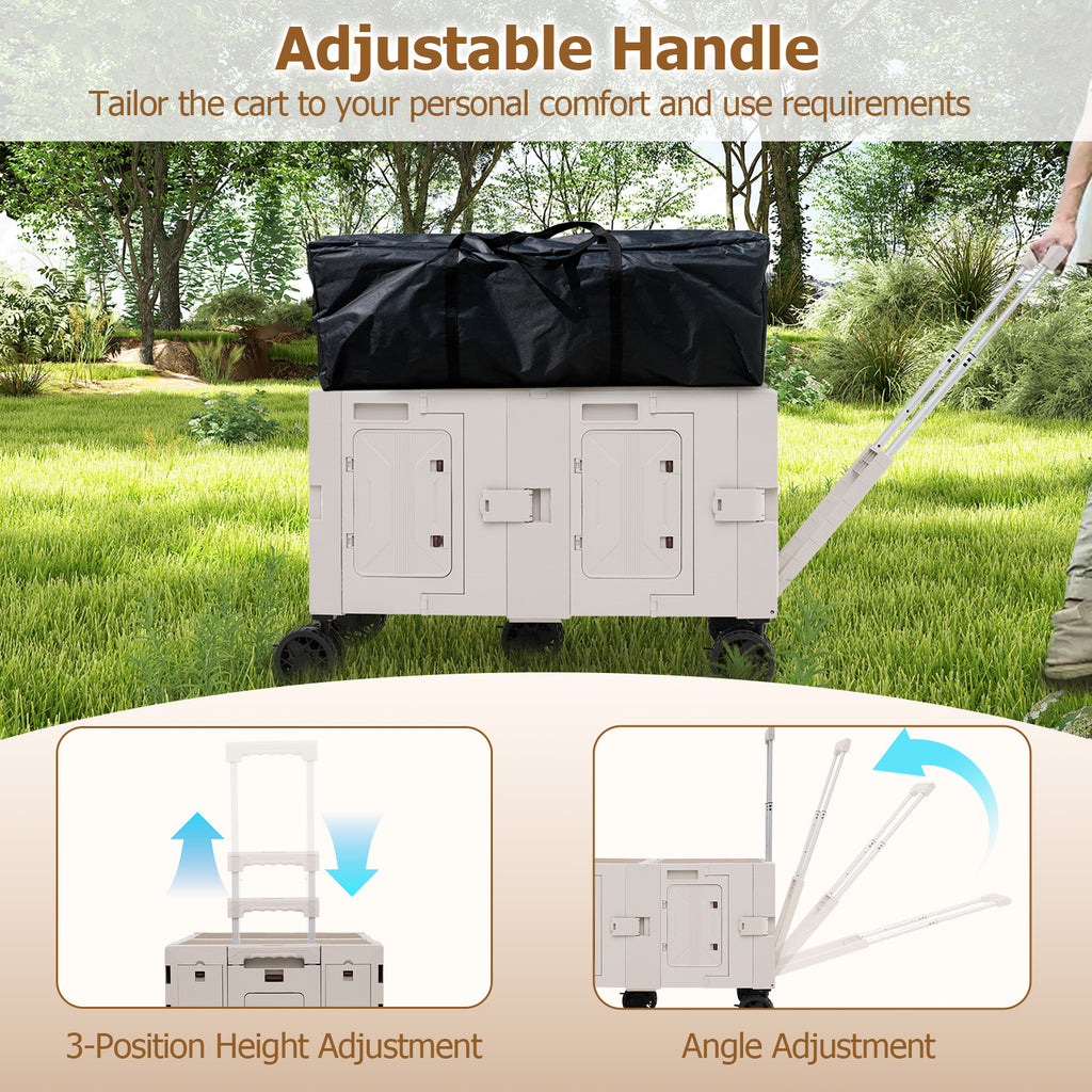 Large Foldable Utility Cart with 2-Tier Storage Crates and Telescoping Handle-White