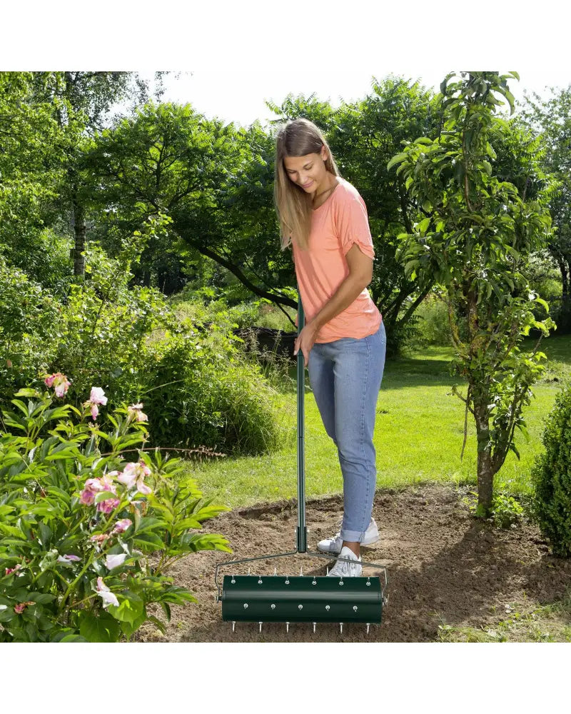 18/21 Inch Manual Lawn Aerator with Detachable Handle Filled with Sand or Stone-21 inches - Green - Lawn Care Tools