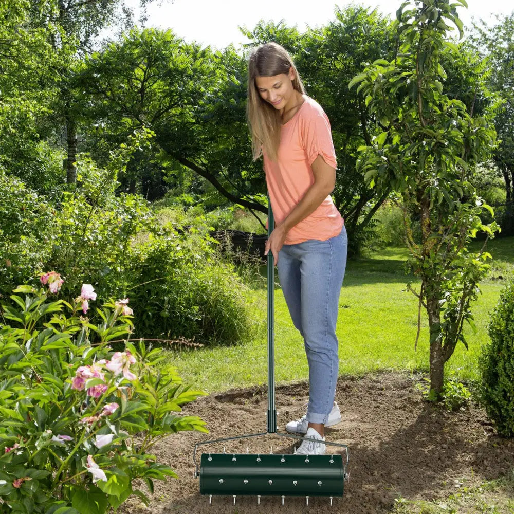 18/21 Inch Manual Lawn Aerator with Detachable Handle Filled with Sand or Stone-21 inches - Green - Lawn Care Tools